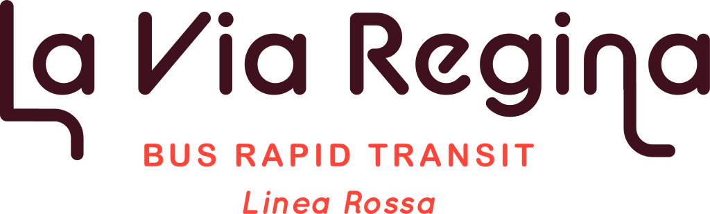 Logo Ufficiale di "La Via Regina" scritto in nero e "BUS RAPID TRANSIT" seguito da "Linea Rossa" appena sotto.